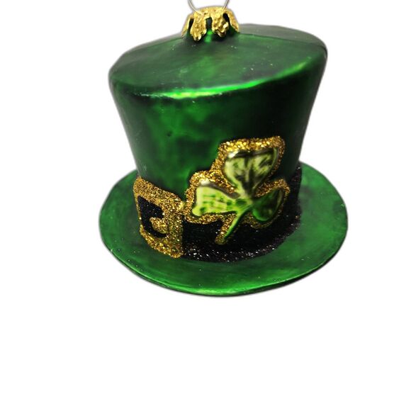 Blown Green Glass Leprechaun Hat Ornament Shamrock Glitter Christmas Hanging - Picture 2 of 6